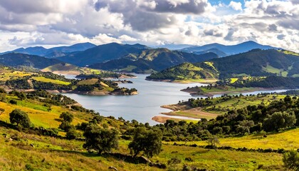 Fototapeta premium Panoramic view of a reservoir nestled in a valley surrounded by rolling hills