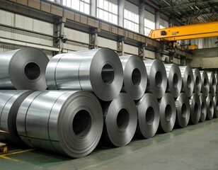 Rolled steel coils stacked in a factory