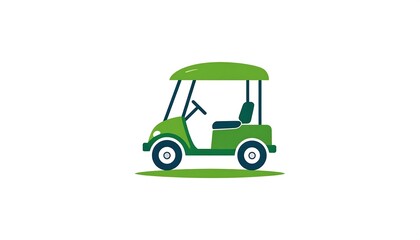 Fototapeta premium A stylized depiction of a golf cart, rendered in vibrant green and dark accents, positioned on a grassy plain against a plain white background.