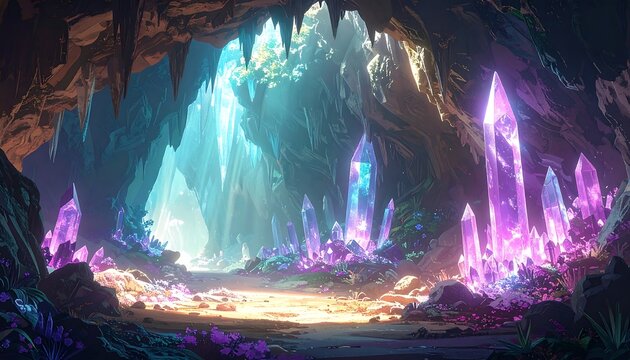 A vibrant cave interior reveals a profusion of luminous crystals, bathed in an ethereal glow. - Powered by Adobe
