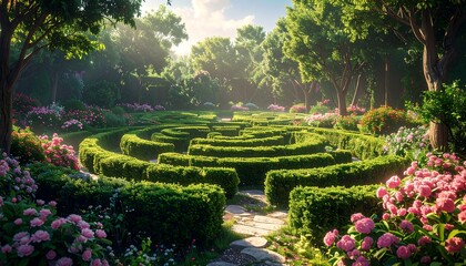 Lush garden maze in sunlight