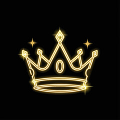 Vector art of elegant glowing golden crown illustration with sparkling stars and intricate line art design