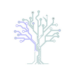Vector art of abstract digital tree with circuit board branches and roots, futuristic technology concept