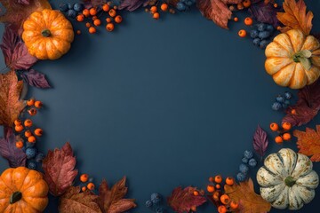Autumnal frame of pumpkins, leaves, and berries on a dark background