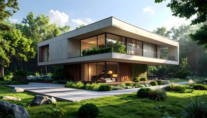 Modern house nestled within a lush green forest setting, showcasing minimalist design and natural light.