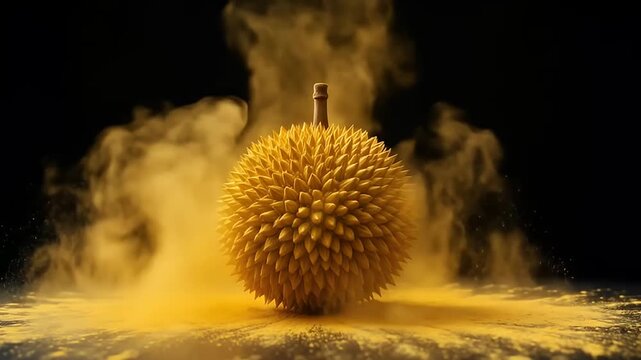 Whole durian fruit exploding in a yellow dust cloud	