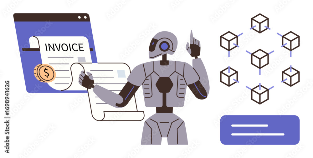 Aufkleber robot with invoice document, blockchain network structure, gear emphasizing ai-driven automation. id