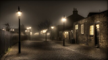 Obraz premium Mysterious foggy night in an old city a dark alleyway with gothic architecture and gas lamp