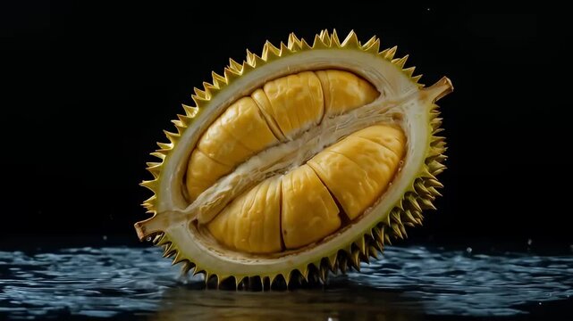 Fresh durian half splashing with water on a black background	