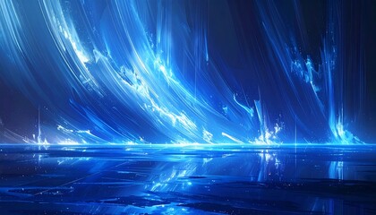 A breathtaking digital artwork depicts a vibrant, luminous landscape of glowing, azure lines and streaks cascading down over a reflective, deep blue surface.