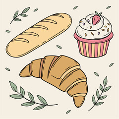 Illustrated Pastry Trio: Croissant Baguette and Strawberry Cupcake.