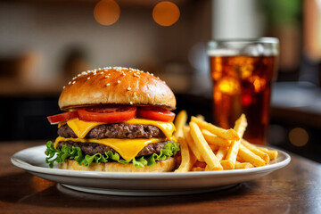 double hamburger with french fries and glass of diet cola on wooden table, close up