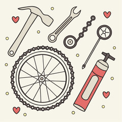 Line art bicycle repair tools set with wheel chain pump hammer and wrench.