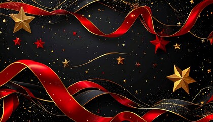 Flowing red and black ribbons, scattered gold stars and swirls on a dark backdrop, festive