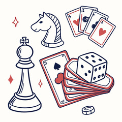 Hand-Drawn Chess Piece Playing Cards Dice and Horse Head.