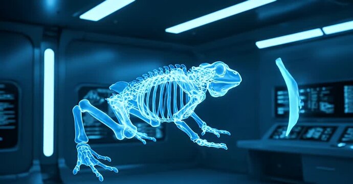 X-ray of a frog in a futuristic laboratory setting, showcasing its skeletal structure.