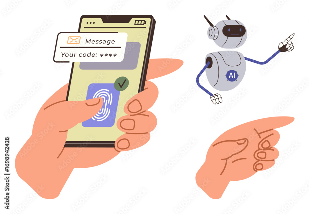 Poster hand holding smartphone verifying fingerprint, code received via message. ai robot pointing and guid