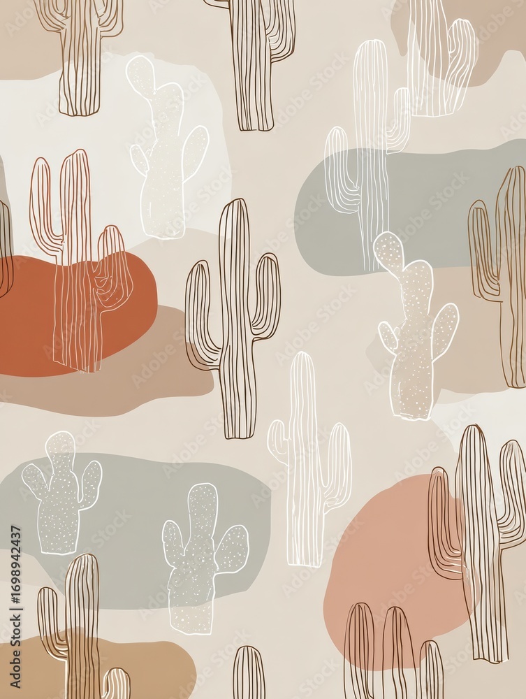 Poster modern abstract cactus design featuring line art and pastel colors on a neutral background with dive