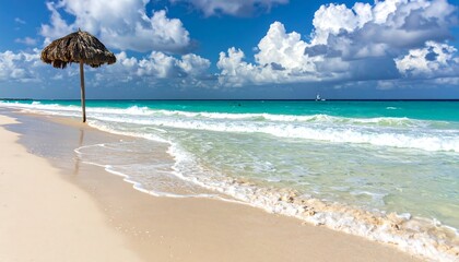 Tropical beach scene with a thatched umbrella