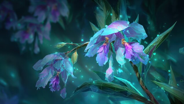 A captivating digital illustration showcases a vibrant cluster of glowing flowers, their translucent petals a mesmerizing blend of blues and purples, set against a dark teal background.