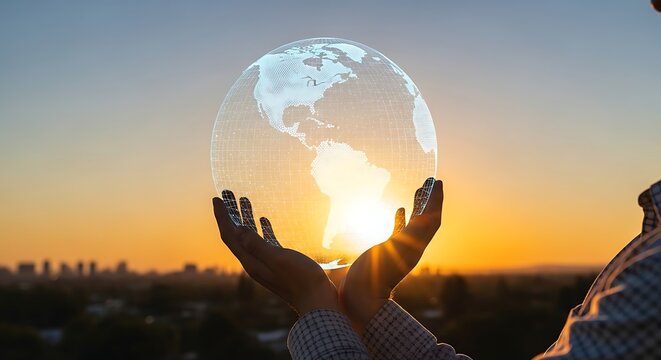 Man holding digital earth hologram at golden sunset with cityscape silhouette representing global technology and sustainable future