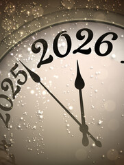 Elegant clock with sparkling golden background marks the arrival of 2026. Festive New Year theme. Vector illustration.