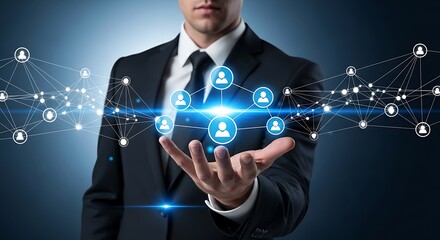 Man in Suit Presents Social Network Connections with Futuristic Technology Interface Connecting People Worldwide for Business Growth and Global Collaboration