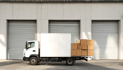 White truck loaded with boxes at warehouse