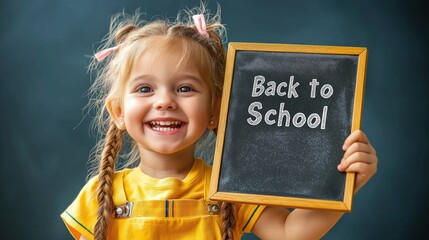 Joyful young girl holding a chalkboard with back to school message in bright, cheerful setting