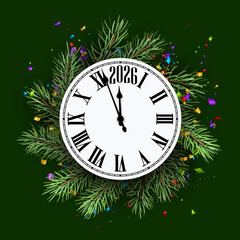 Vector illustration of a clock striking midnight for 2026 with pine branches and colorful confetti, symbolizing festive celebration.