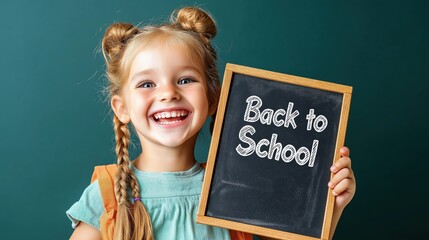 Young girl excited to start the school year with a cheerful smile holding a chalkboard sign indoors