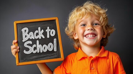 Young boy smiles with enthusiasm holding a chalkboard sign for back to school in a minimalist setting