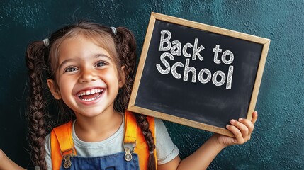 Young Latina girl excitedly holding a sign while preparing for back to school day in a cozy indoor setting with bright colors