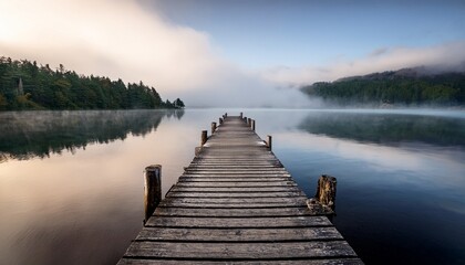 a weathered wooden pier jutting out into the misty waters of a tranquil bay generative ai