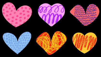 Six vibrant textured hearts in playful hand-drawn styles on black background. Vector illustration for love, romance, and creative design.