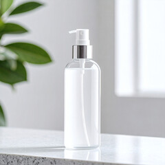 a blank transparent spray bottle filled with a light liquid, resting on a stone counter in a spa-like setting, with a green leaf in the background