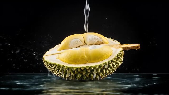 Halved durian fruit with a dynamic water splash	