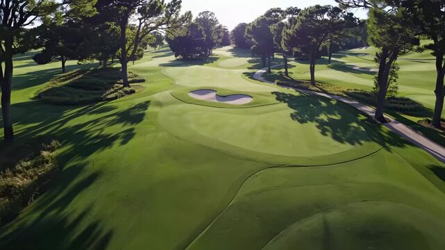 Aerial view of a lush green golf course with trees and sand traps