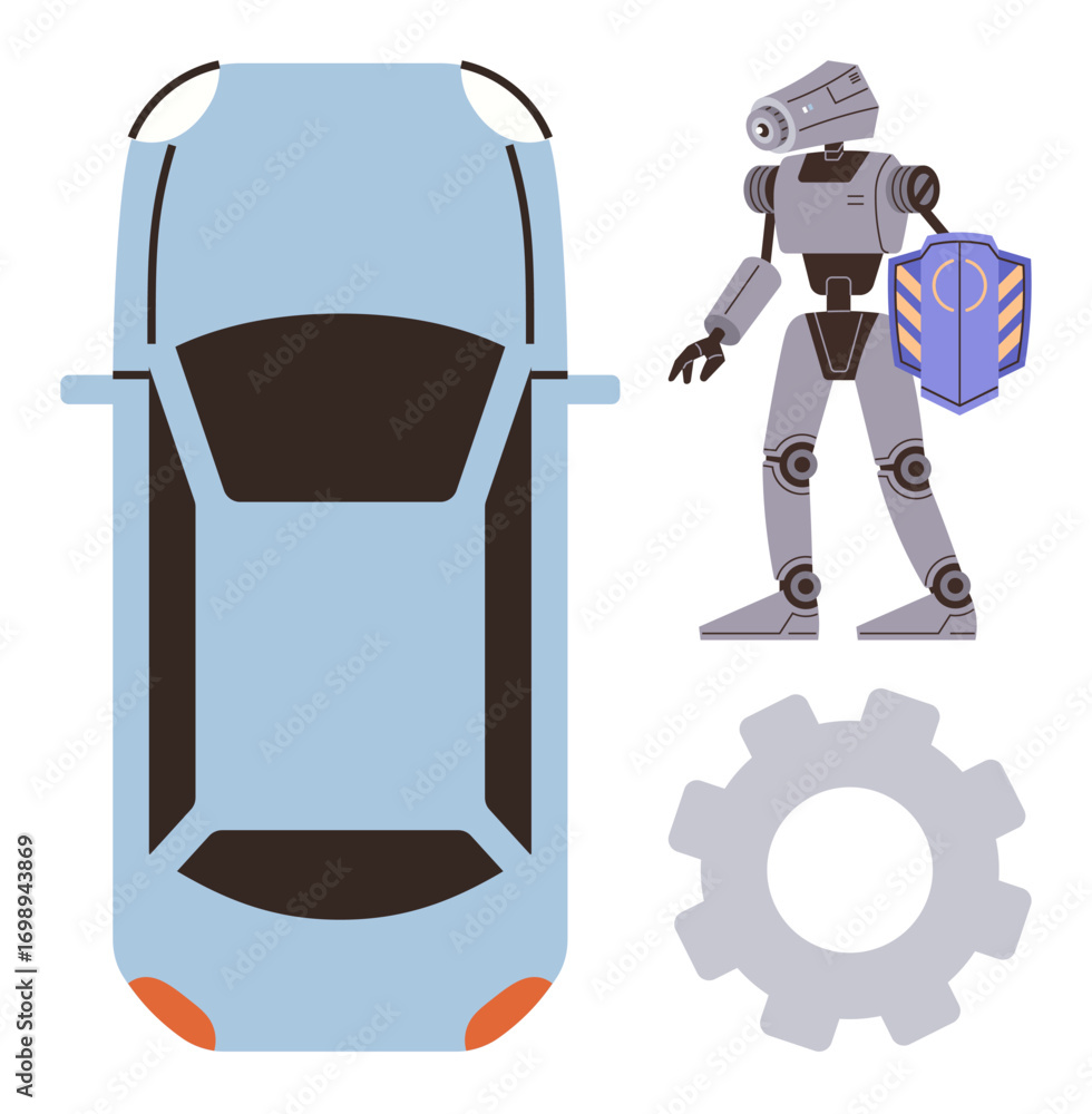 Poster robot holding shield next to car top view and gear. ideal for technology, robotics, automation, car 