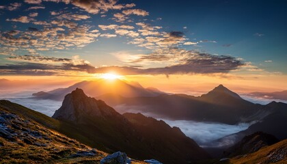 sunrise in the mountains with cloudy sky background