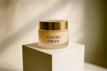 Luxury Cream Jar on White Podium with Soft Lighting
