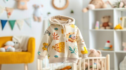Fototapeta premium A white children's hooded jacket with a colorful cartoon print on a blurred background.