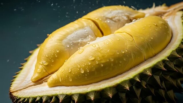 A close-up of a durian fruit with water droplets	