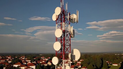 Telecommunication tower with antennas against a clear sky - Powered by Adobe