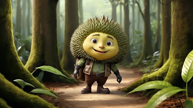 3D illustration of a cartoon durian character in a forest	