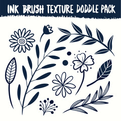 Collection of Hand-Drawn Ink Brush Floral Elements.