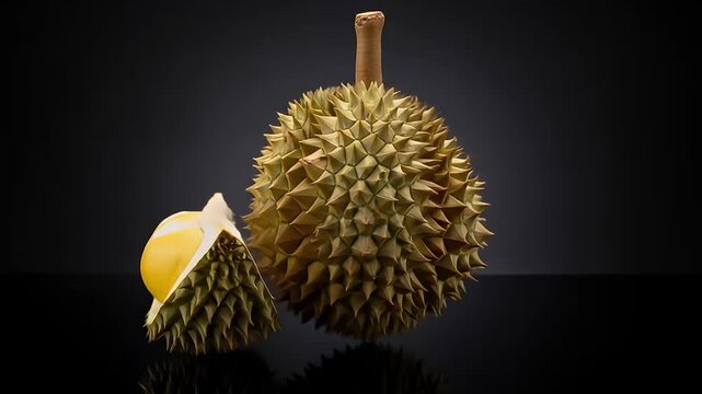 Whole durian and a quarter slice on a black background	