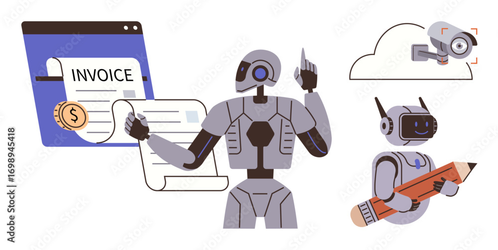 Poster android processing online invoice, robotic assistant holding pencil, surveillance camera in cloud in