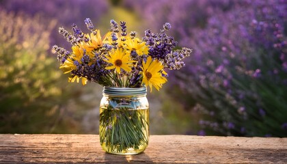 dynamic lavender yellow bouquet in rustic mason jar