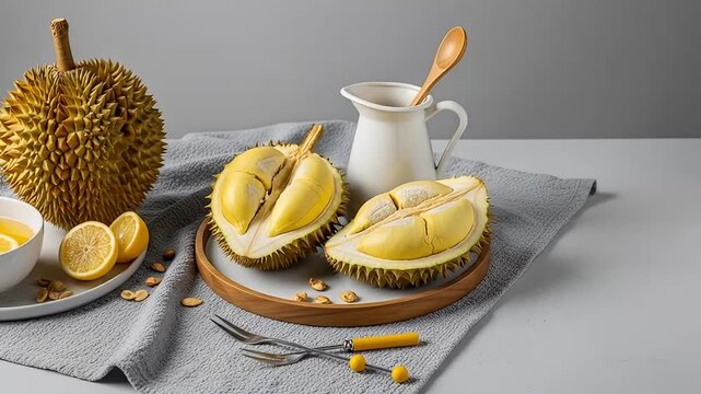 Whole and cut durian fruit with lemonade and peanuts	